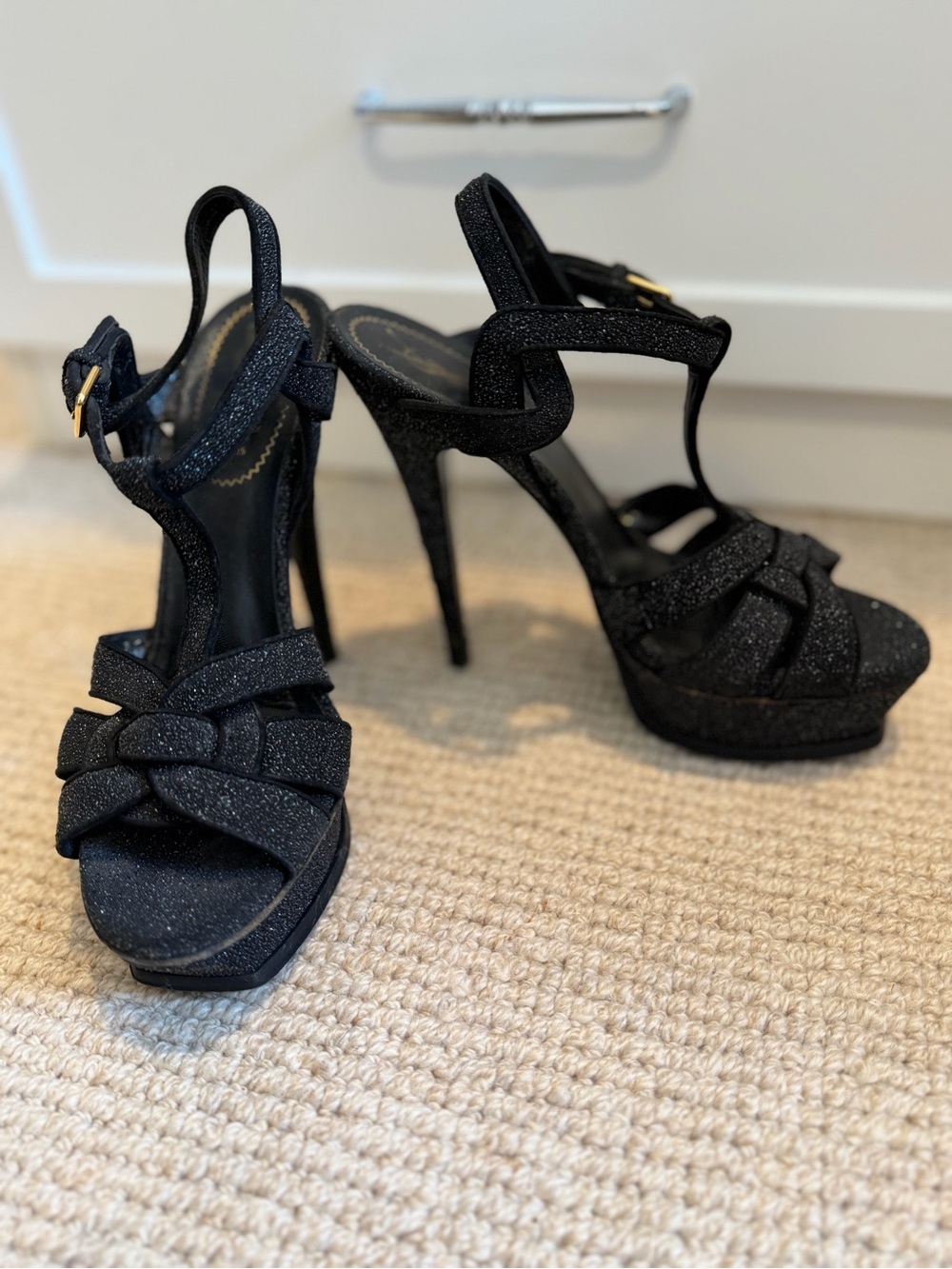 Yves Saint Laurent Black Glitter Platform T-Strap Heels